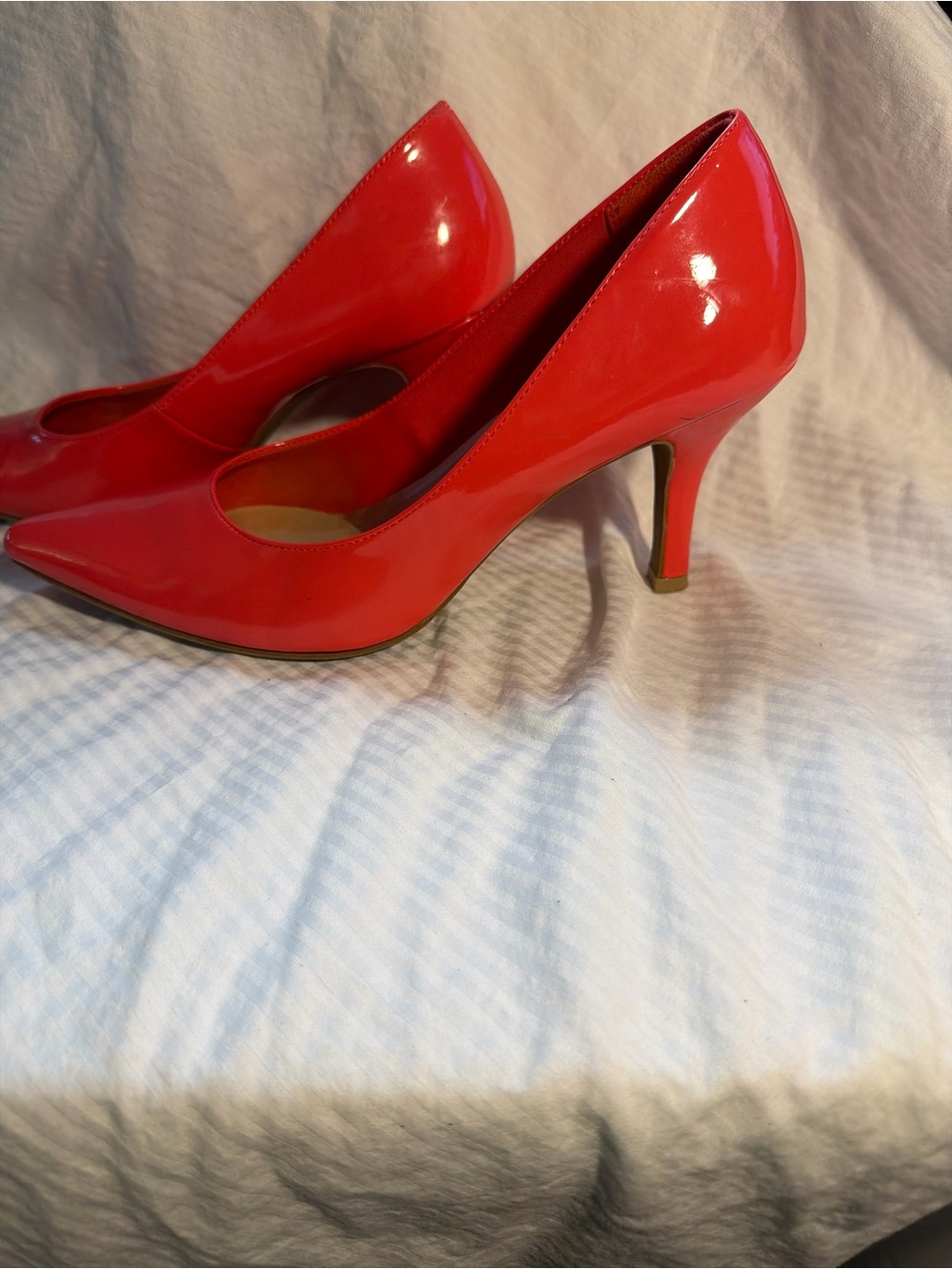 Bright Coral / Salmon / Pink-Orange
  Patent Pointed-Toe Mid Heel Pumps